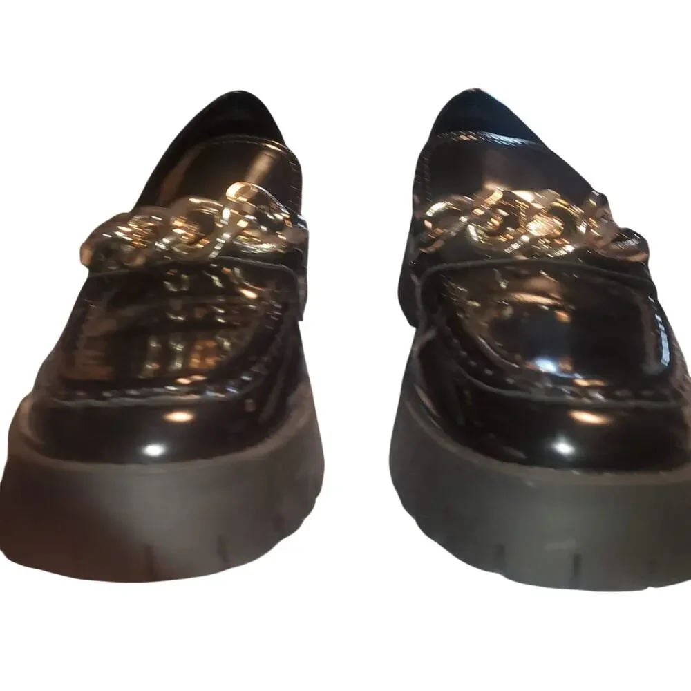 GUESS Hillford Chunky Chain Loafers Black Patent Y2K Inspired Lug Sole Size 8